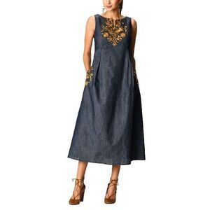 ESkakti Wayward‎ Fancies Chambray Dress Embellished Empire Cotton Women's S/M